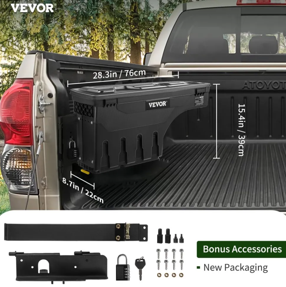 VEVOR Truck Bed Storage Box, Lockable Lid, Waterproof ABS Wheel Well Tool Box 6.6 Gal/20 L with Password Padlock, Compatible with Tundra 2007-2021, Driver Side, Black