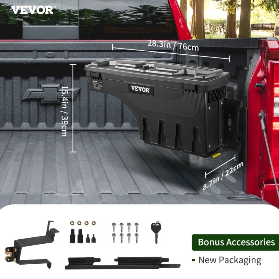 VEVOR Truck Bed Storage Box, Lockable Lid, Waterproof ABS Wheel Well Tool Box 6.6 Gal/20 L, Compatible with Chevrolet Silverado 1500 GMC Sierra 1500 2019-2020, Passenger Side, Black