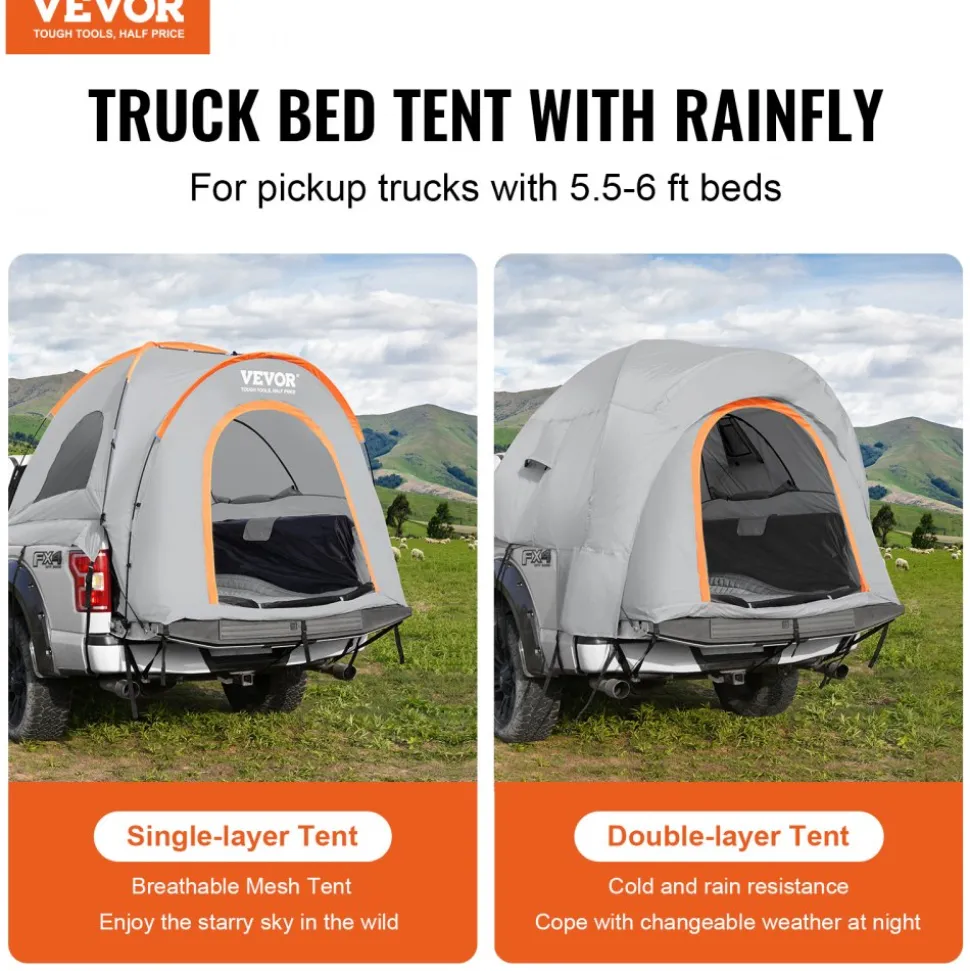 VEVOR Truck Bed Tent, 5.5'-6' Pickup Truck Tent with Rain Layer and Carry Bag, Waterproof PU2000mm Double Layer Truck Tent for Camping, Accommodate 2-3 Person, for Camping Traveling Outdoor Activities