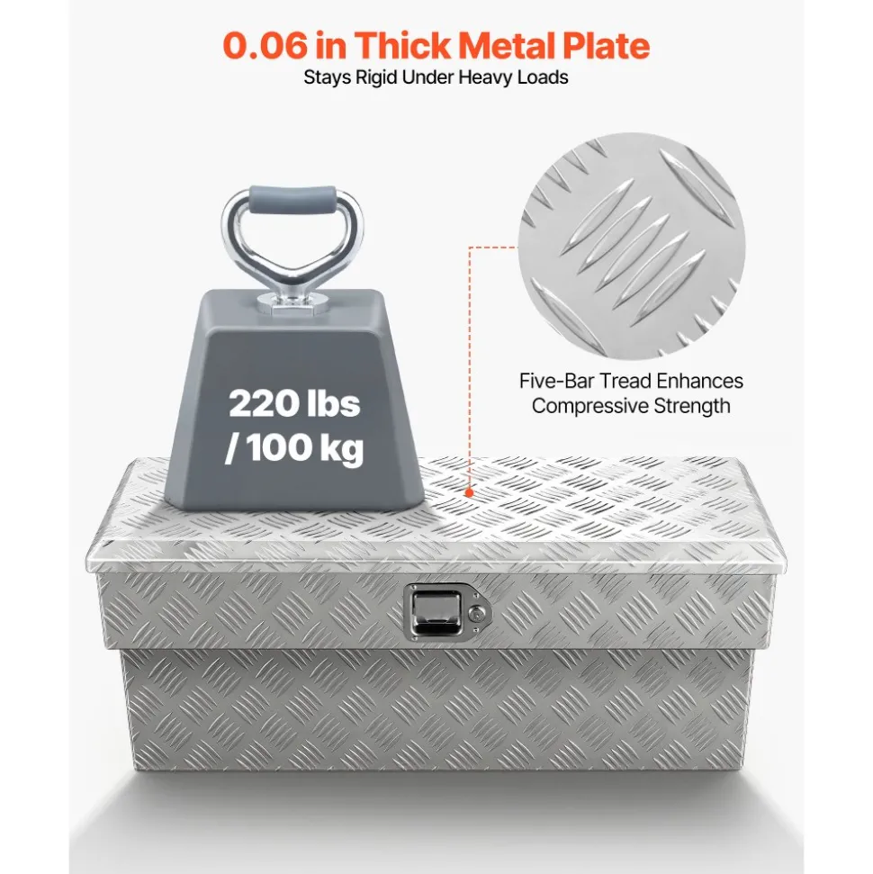 VEVOR Truck Bed Tool Box, Heavy Duty Aluminum Tool Box with Tread Patterns, Storage Toolbox Chest Organizer with Lock and Key, Ideal for Pickup, Truck Bed, RV, Trailer, 34 x 12 x 15.4 in, Silver