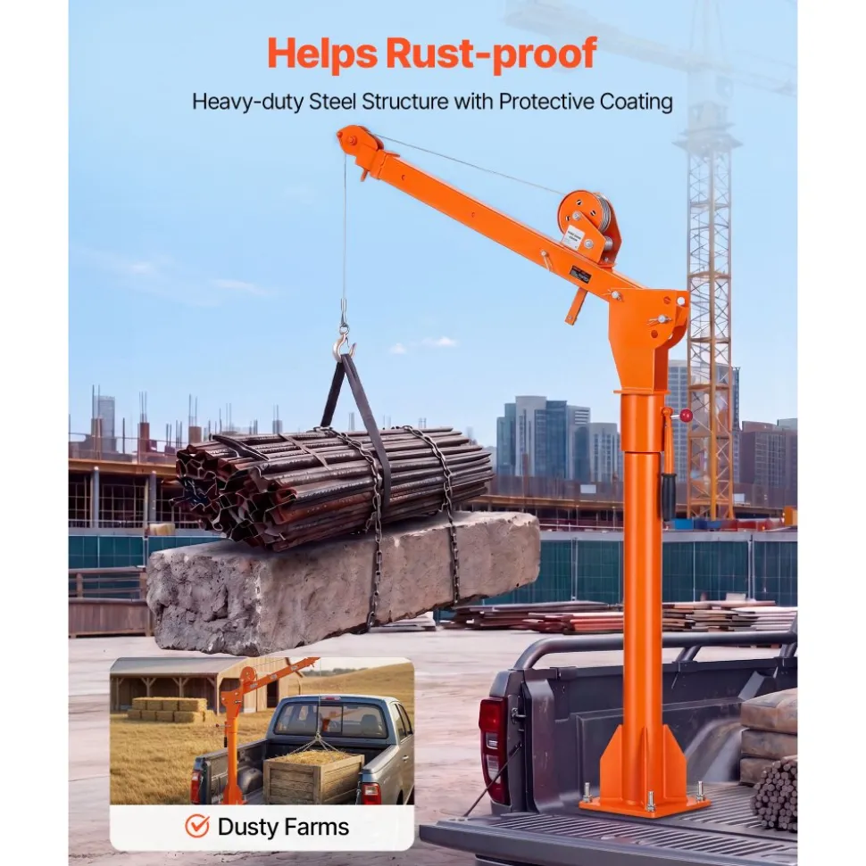 VEVOR Truck Crane, 1100 lbs Manual Pickup Truck Crane with Hand Winch, 360° Rotating Telescopic Boom, Premium Galvanized Steel, Foldable Pickup Bed Jib for Machine Lumber Attic Heavy Load Lifting