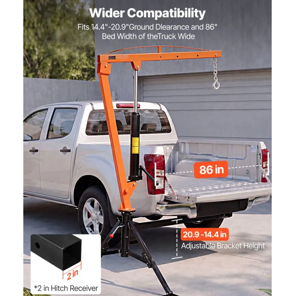 VEVOR Truck Crane, 1000 lbs Pickup Hitch Crane Trailer Hitch Mounted, Manual Hydraulic with 8T Hydraulic Jack, 360° Rotating Telescopic Boom,Foldable Truck Bed Jib for Machine Lumber Equipment Lifting