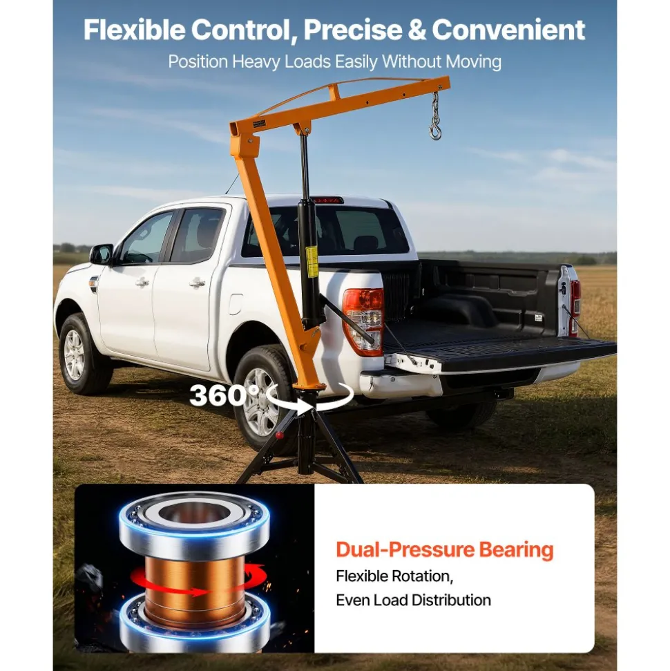 VEVOR Truck Crane, 1000 lbs Pickup Hitch Crane Trailer Hitch Mounted, Manual Hydraulic with 8T Hydraulic Jack, 360° Rotating Telescopic Boom,Foldable Truck Bed Jib for Machine Lumber Equipment Lifting