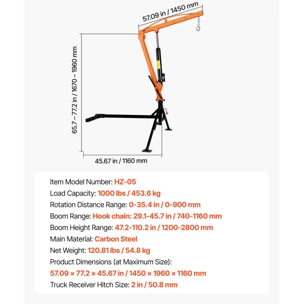VEVOR Truck Crane, 1000 lbs Pickup Hitch Crane Trailer Hitch Mounted, Manual Hydraulic with 8T Hydraulic Jack, 360° Rotating Telescopic Boom,Foldable Truck Bed Jib for Machine Lumber Equipment Lifting