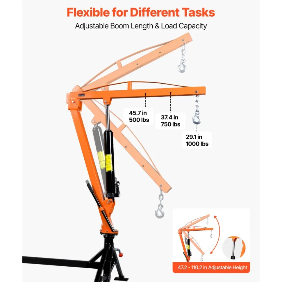 VEVOR Truck Crane, 1000 lbs Pickup Hitch Crane Trailer Hitch Mounted, Manual Hydraulic with 8T Hydraulic Jack, 360° Rotating Telescopic Boom,Foldable Truck Bed Jib for Machine Lumber Equipment Lifting