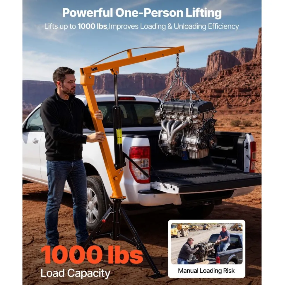 VEVOR Truck Crane, 1000 lbs Pickup Hitch Crane Trailer Hitch Mounted, Manual Hydraulic with 8T Hydraulic Jack, 360° Rotating Telescopic Boom,Foldable Truck Bed Jib for Machine Lumber Equipment Lifting