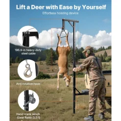 VEVOR Truck Hitch Game Hoist, 400 lbs Load Capacity, Hunting Deer Hoist with 2-inch Receiver, 360-Degree Swivel Shaft & Adjustable Height, Includes Gambrel Winch for Skinning & Cleaning Game