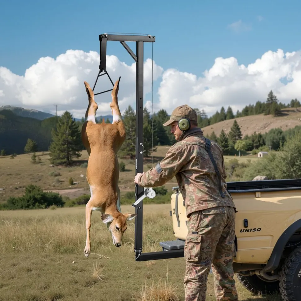 VEVOR Truck Hitch Game Hoist, 300 lbs Load Capacity, Hunting Deer Hoist with 2-inch Receiver, 360-Degree Swivel Shaft & Adjustable Height, Includes Gambrel Winch for Skinning & Cleaning Game