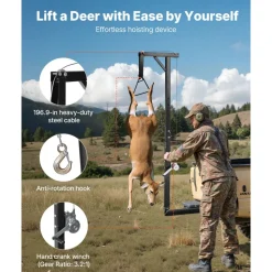 VEVOR Truck Hitch Game Hoist, 300 lbs Load Capacity, Hunting Deer Hoist with 2-inch Receiver, 360-Degree Swivel Shaft & Adjustable Height, Includes Gambrel Winch for Skinning & Cleaning Game