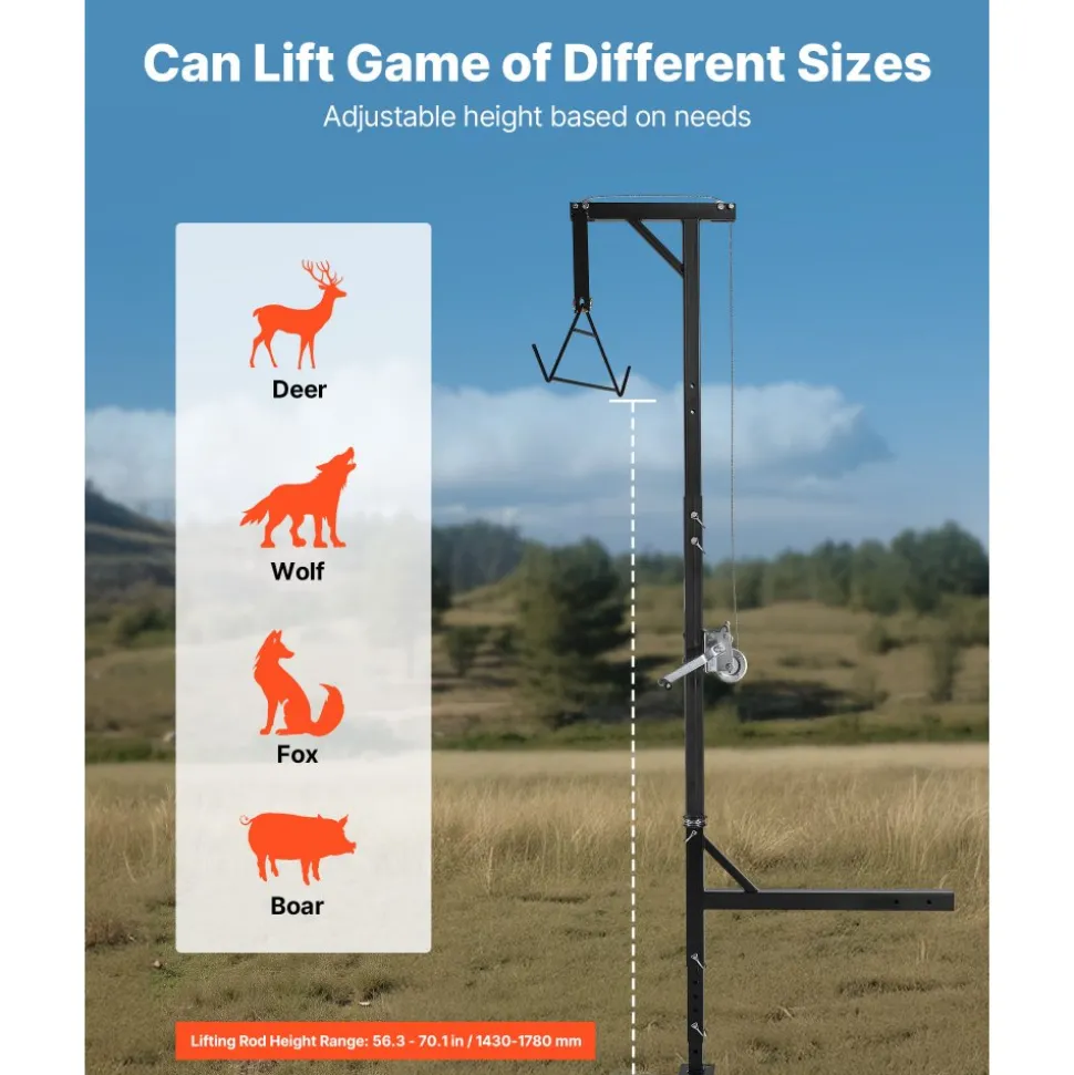 VEVOR Truck Hitch Game Hoist, 500 lbs Load Capacity, Hunting Deer Hoist with 2-inch Receiver, 360-Degree Swivel Shaft & Adjustable Height, Includes Gambrel Winch for Skinning & Cleaning Game