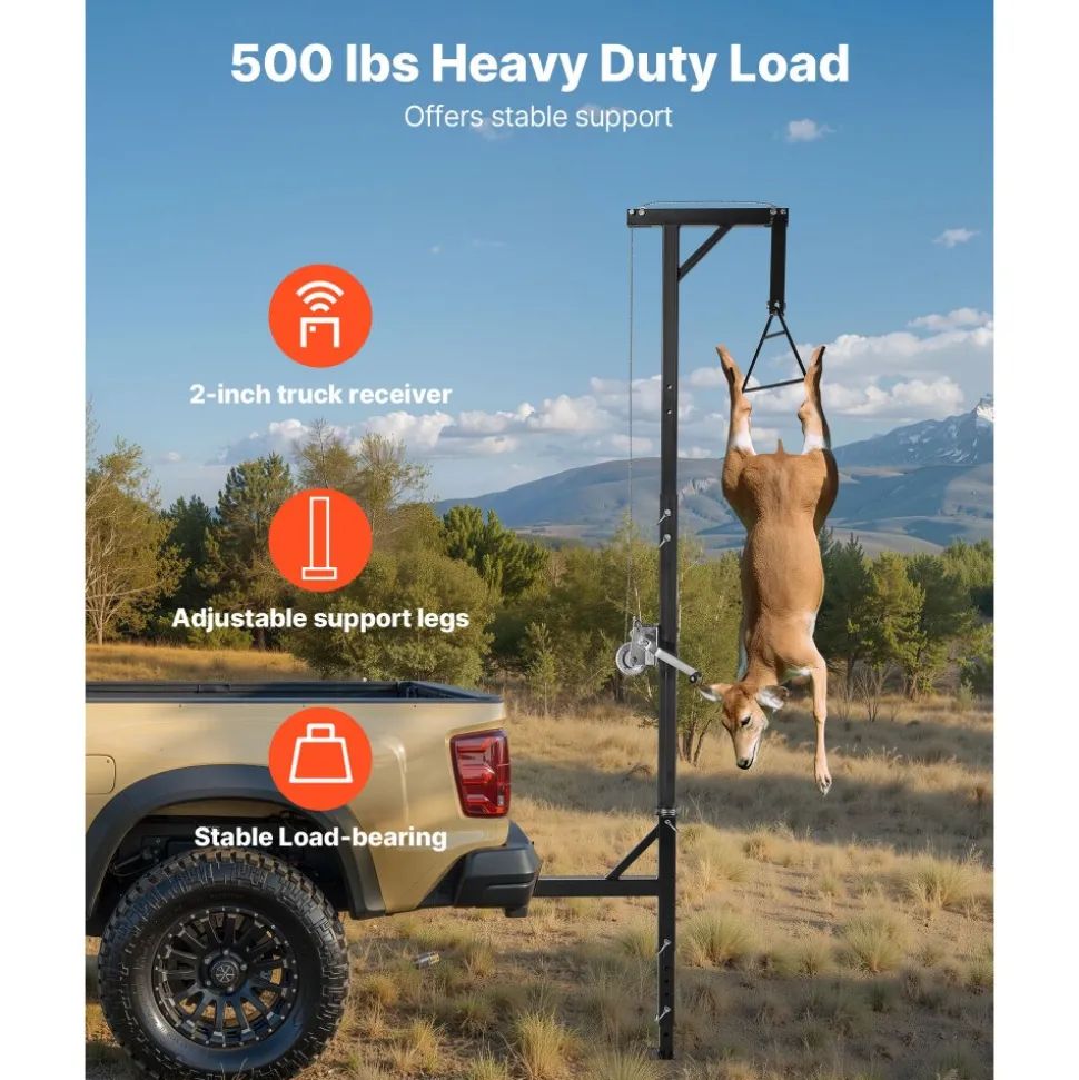VEVOR Truck Hitch Game Hoist, 500 lbs Load Capacity, Hunting Deer Hoist with 2-inch Receiver, 360-Degree Swivel Shaft & Adjustable Height, Includes Gambrel Winch for Skinning & Cleaning Game