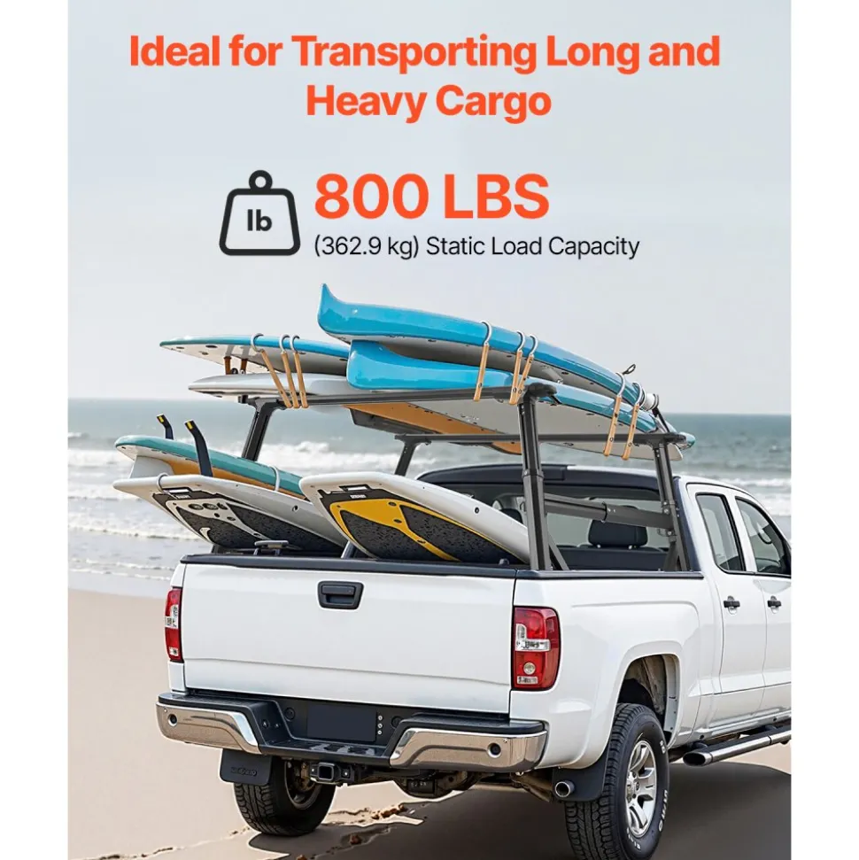 VEVOR Truck Ladder Rack, 21-31.5 in Height, Adjustable Non-Drilling Aluminum Cargo Rack with Sidebar, 800 lbs Static Capacity, Ideal for Canoes, Surfboards, Ladders, Lumber, Tents, and Large cargo