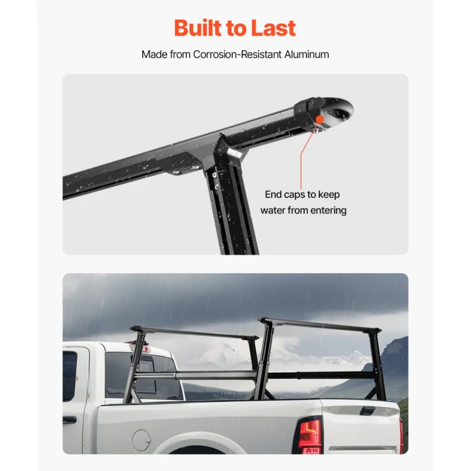VEVOR Truck Ladder Rack, 21-31.5 in Height, Adjustable Non-Drilling Aluminum Cargo Rack with Sidebar, 800 lbs Static Capacity, Ideal for Canoes, Surfboards, Ladders, Lumber, Tents, and Large cargo