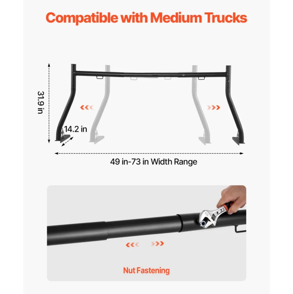 VEVOR Truck Ladder Rack, 49-73 in Width, Extendable Universal Cargo Rack, Heavy Duty Steel with 800 lbs Static Load Capacity, Ideal for Canoes, Surfboards, Ladders, Lumber, Tents, and Large Cargo