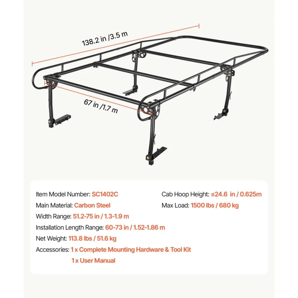 VEVOR Truck Ladder Rack 1500LBS Capacity Universal Over-Cab Trucks Bed Rack, 51.2"-75" Adjustable for Kayak Surfboard Lumber, Non-Drilling Installation, Heavy Duty Steel Support for Long Heavy Cargo
