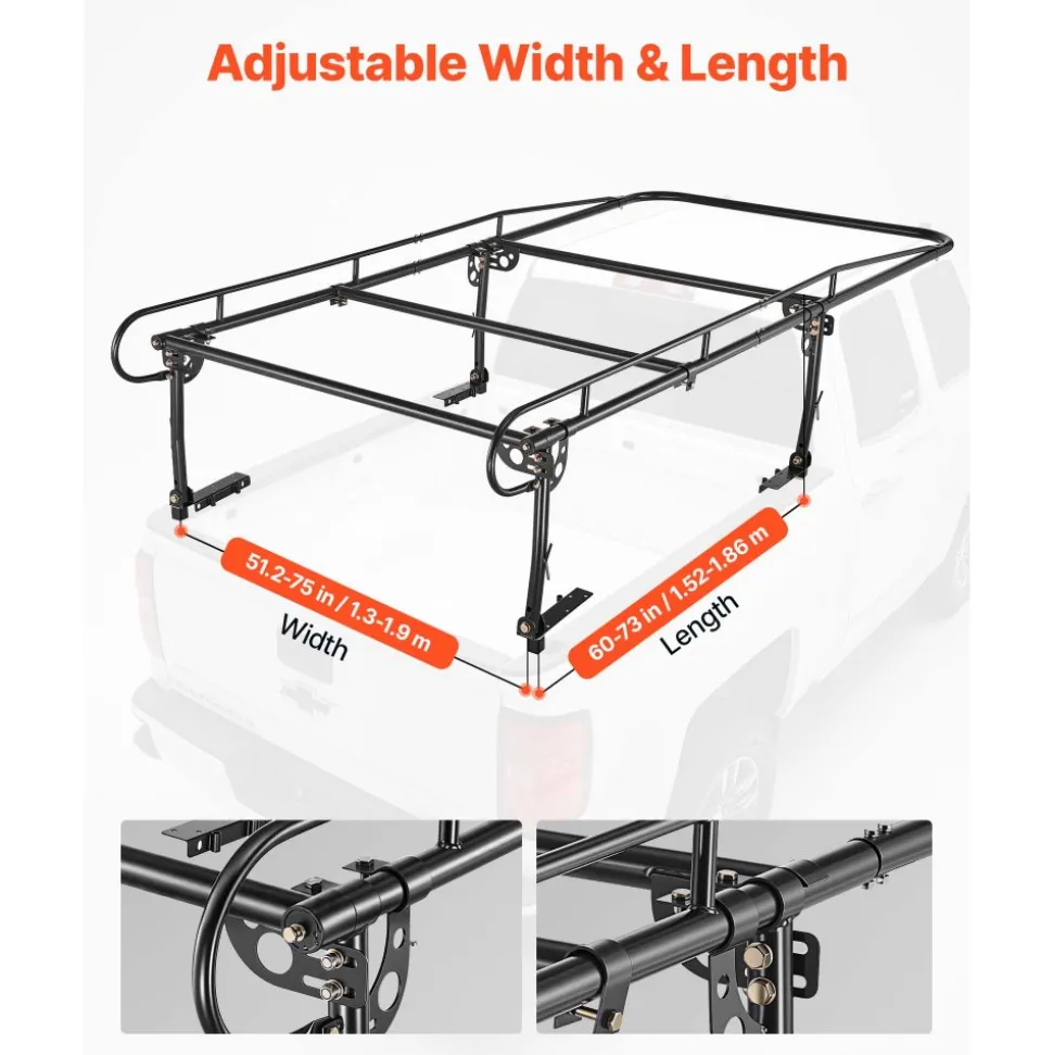 VEVOR Truck Ladder Rack 1500LBS Capacity Universal Over-Cab Trucks Bed Rack, 51.2"-75" Adjustable for Kayak Surfboard Lumber, Non-Drilling Installation, Heavy Duty Steel Support for Long Heavy Cargo