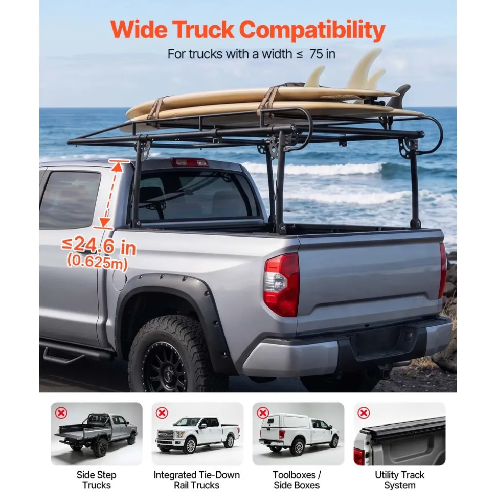 VEVOR Truck Ladder Rack 1500LBS Capacity Universal Over-Cab Trucks Bed Rack, 51.2"-75" Adjustable for Kayak Surfboard Lumber, Non-Drilling Installation, Heavy Duty Steel Support for Long Heavy Cargo