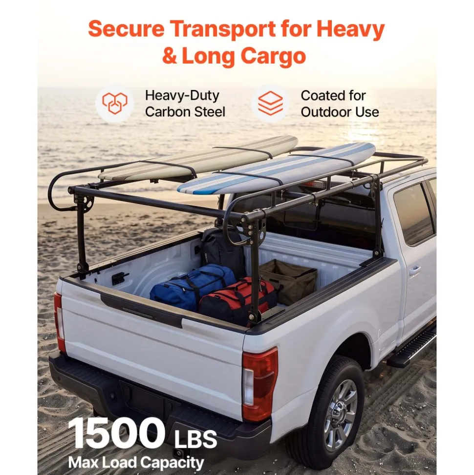VEVOR Truck Ladder Rack 1500LBS Capacity Universal Over-Cab Trucks Bed Rack, 51.2"-75" Adjustable for Kayak Surfboard Lumber, Non-Drilling Installation, Heavy Duty Steel Support for Long Heavy Cargo
