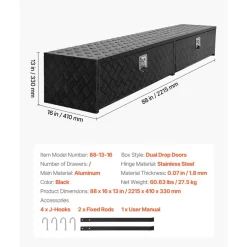 VEVOR Truck Tool Box, 88 x 16 x 13 Inch, Black Aluminum Tread Topsider Toolbox with Dual Drop Doors, Heavy Duty Lockable Storage and Organization Box with Latch, Corrosion-Resistant, for Truck Bed