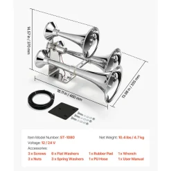 VEVOR 3-Trumpet Air Horn 150dB Super Loud Train Horn for Trucks SUVs, Fits 12V/24V Vehicles & Boats, Powerful Sound, Strong Penetration, Built-in Solenoid Valve, High Airtightness, Heavy-Duty Metal
