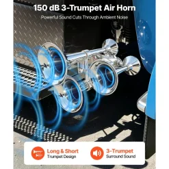 VEVOR 3-Trumpet Air Horn 150dB Super Loud Train Horn for Trucks SUVs, Fits 12V/24V Vehicles & Boats, Powerful Sound, Strong Penetration, Built-in Solenoid Valve, High Airtightness, Heavy-Duty Metal