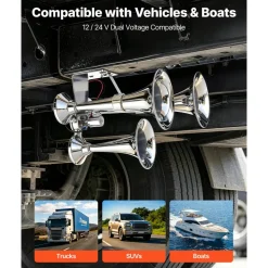 VEVOR 3-Trumpet Air Horn 150dB Super Loud Train Horn for Trucks SUVs, Fits 12V/24V Vehicles & Boats, Powerful Sound, Strong Penetration, Built-in Solenoid Valve, High Airtightness, Heavy-Duty Metal