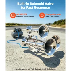 VEVOR 3-Trumpet Air Horn 150dB Super Loud Train Horn for Trucks SUVs, Fits 12V/24V Vehicles & Boats, Powerful Sound, Strong Penetration, Built-in Solenoid Valve, High Airtightness, Heavy-Duty Metal