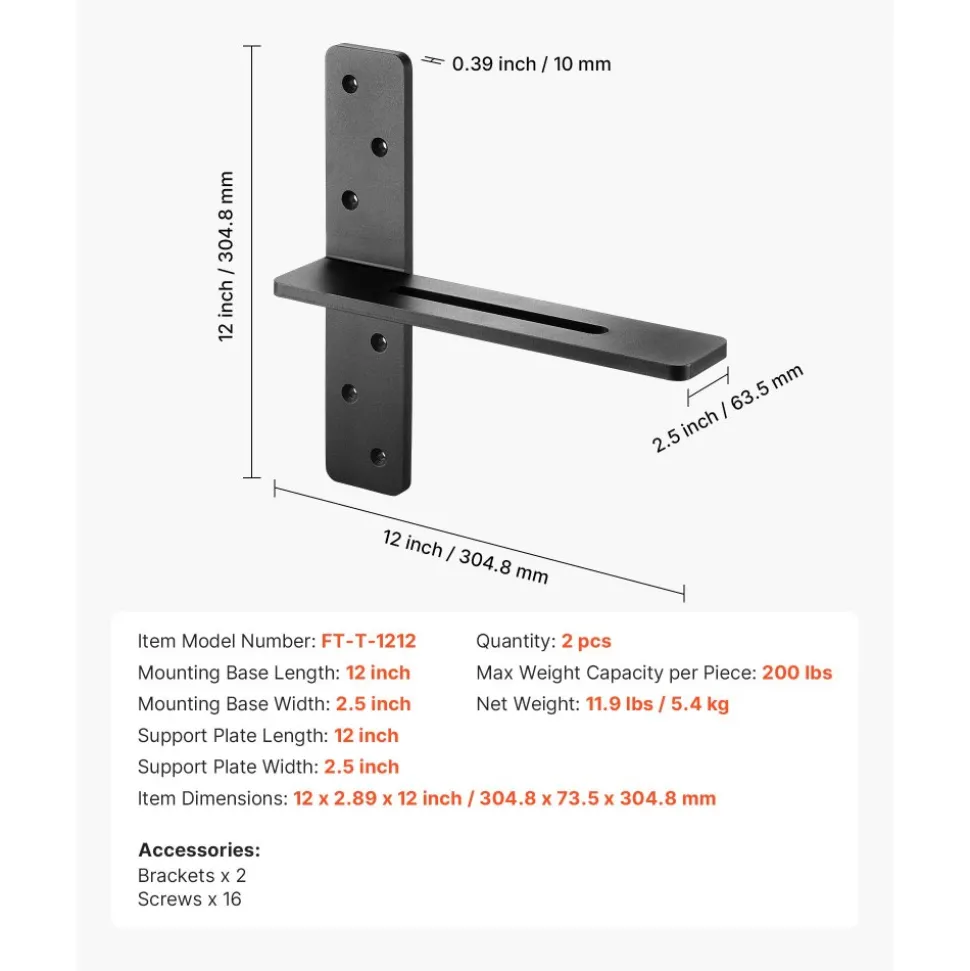 VEVOR T Shelf Brackets 2 Pcs, 200 lbs/90 kg Weight Capacity, 12x2.89x12 in / 304.8x73.5x304.8 mm, Solid Steel Heavy Duty Brackets for Shelves, Countertop Support Floating Bracket Hardware with Screws