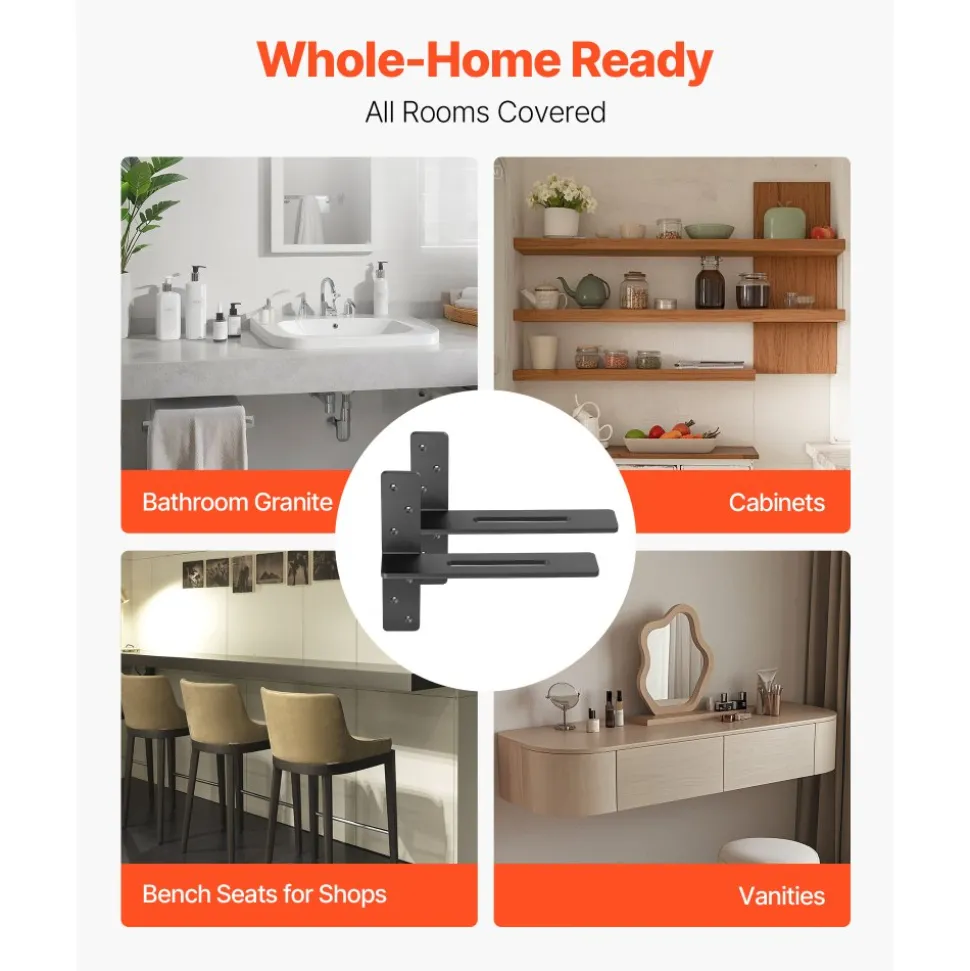 VEVOR T Shelf Brackets 2 Pcs, 200 lbs/90 kg Weight Capacity, 14x2.89x12 in / 355.6x73.5x304.8 mm, Solid Steel Heavy Duty Brackets for Shelves, Countertop Support Floating Bracket Hardware with Screws
