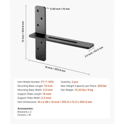 VEVOR T Shelf Brackets 2 Pcs, 200 lbs/90 kg Weight Capacity, 14x2.89x12 in / 355.6x73.5x304.8 mm, Solid Steel Heavy Duty Brackets for Shelves, Countertop Support Floating Bracket Hardware with Screws