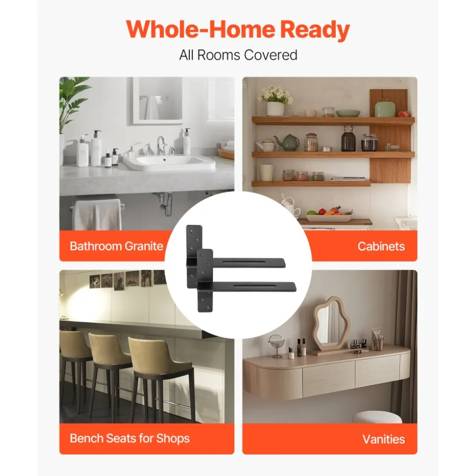 VEVOR T Shelf Brackets 2 Pcs, 200 lbs/90 kg Weight Capacity, 16x2.89x12 in / 406.4x73.5x304.8 mm, Solid Steel Heavy Duty Brackets for Shelves, Countertop Support Floating Bracket Hardware with Screws