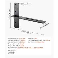 VEVOR T Shelf Brackets 2 Pcs, 200 lbs/90 kg Weight Capacity, 16x2.89x12 in / 406.4x73.5x304.8 mm, Solid Steel Heavy Duty Brackets for Shelves, Countertop Support Floating Bracket Hardware with Screws