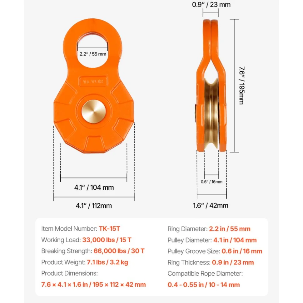 VEVOR 30 T Snatch Block for Winch Recovery, 66,000 lbs Break Strength Pulley System with 0.4" - 0.55" Rope, Heavy Duty Offroad Recovery Accessory for Towing & Recovery on Truck, Tractor, ATV & UTV