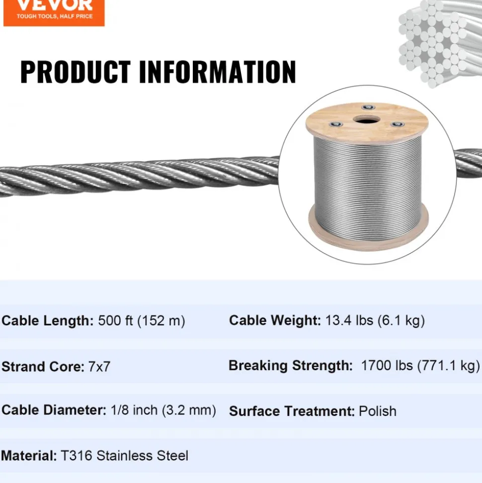 VEVOR T316 Stainless Steel Cable 1/8" 7x7 Steel Wire Rope Cable 500FT Cable Railing Transport Wire Rope Cable for Railing Decking DIY Balustrade