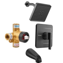 VEVOR Tub and Shower Faucet Set, Complete with 5-Inch Rainfall Shower Head and Bathtub Spout, 8-Setting Adjustable Spray, Single-Handle Tub Trim Kit with Brass Pressure Balancing Valve, Gold Finish