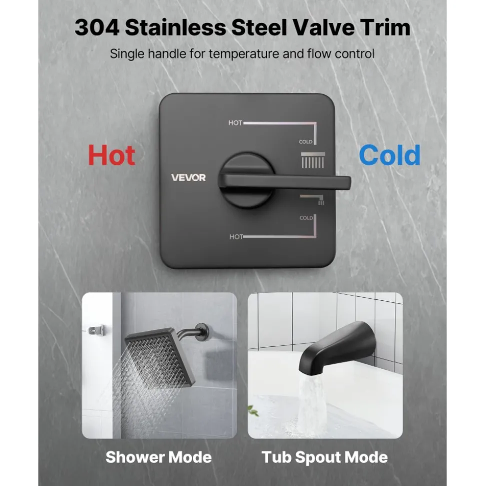 VEVOR Tub and Shower Faucet Set, Complete with 5-Inch Rainfall Shower Head and Bathtub Spout, 8-Setting Adjustable Spray, Single-Handle Tub Trim Kit with Brass Pressure Balancing Valve, Gold Finish