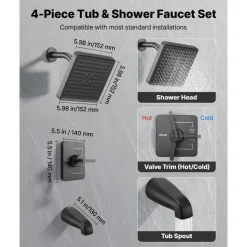 VEVOR Tub and Shower Faucet Set, Complete with 5-Inch Rainfall Shower Head and Bathtub Spout, 8-Setting Adjustable Spray, Single-Handle Tub Trim Kit with Brass Pressure Balancing Valve, Gold Finish