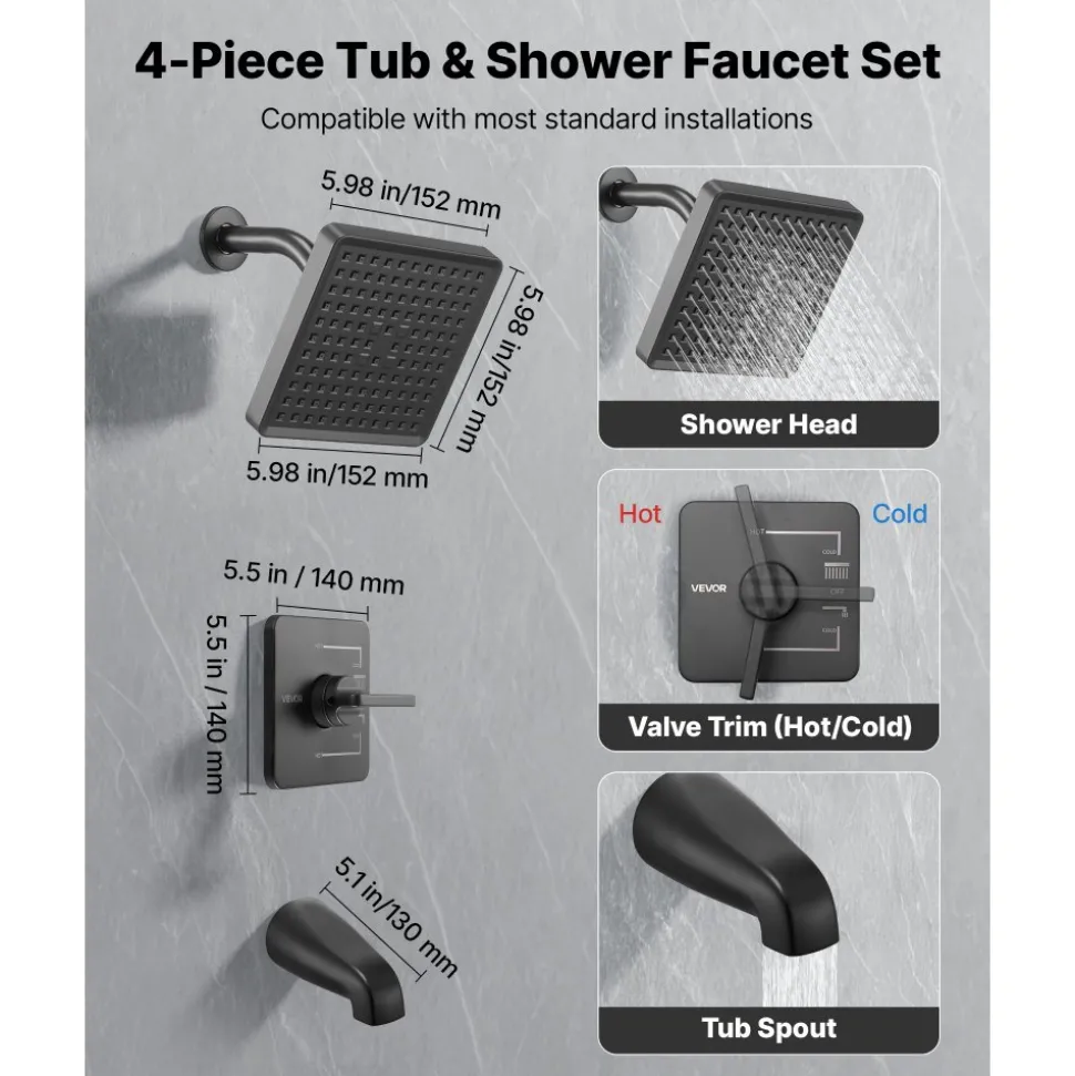 VEVOR Tub and Shower Faucet Set, Complete with 5-Inch Rainfall Shower Head and Bathtub Spout, 8-Setting Adjustable Spray, Single-Handle Tub Trim Kit with Brass Pressure Balancing Valve, Gold Finish