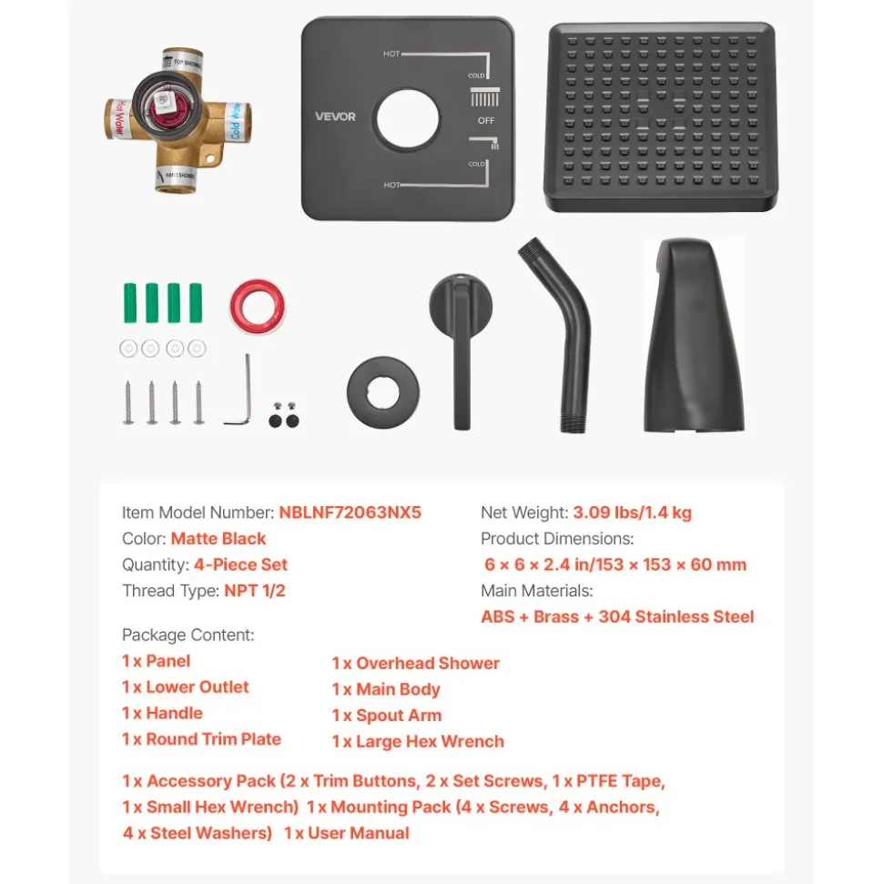 VEVOR Tub and Shower Faucet Set, Complete with 5-Inch Rainfall Shower Head and Bathtub Spout, 8-Setting Adjustable Spray, Single-Handle Tub Trim Kit with Brass Pressure Balancing Valve, Gold Finish