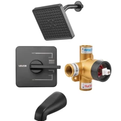 VEVOR Tub and Shower Faucet Set, Complete with 5-Inch Rainfall Shower Head and Bathtub Spout, 8-Setting Adjustable Spray, Single-Handle Tub Trim Kit with Brass Pressure Balancing Valve, Gold Finish