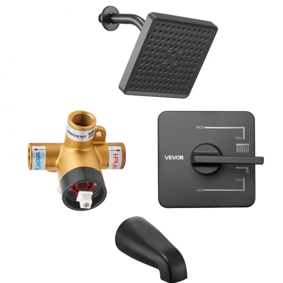 VEVOR Tub and Shower Faucet Set, Complete with 5-Inch Rainfall Shower Head and Bathtub Spout, 8-Setting Adjustable Spray, Single-Handle Tub Trim Kit with Brass Pressure Balancing Valve, Gold Finish