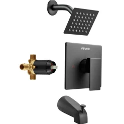 VEVOR Tub and Shower Faucet Set, Complete with 4-Inch Rainfall Shower Head and Bathtub Spout, Single-Spray Single-Handle Tub Trim Kit with 304 Stainless Steel Valve Trim for Bathrooms, Matte Black