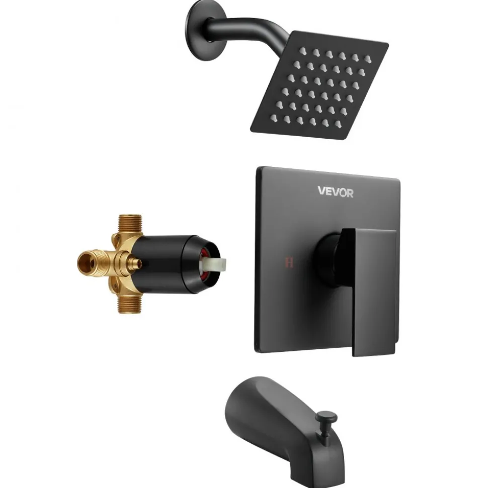 VEVOR Tub and Shower Faucet Set, Complete with 4-Inch Rainfall Shower Head and Bathtub Spout, Single-Spray Single-Handle Tub Trim Kit with 304 Stainless Steel Valve Trim for Bathrooms, Matte Black