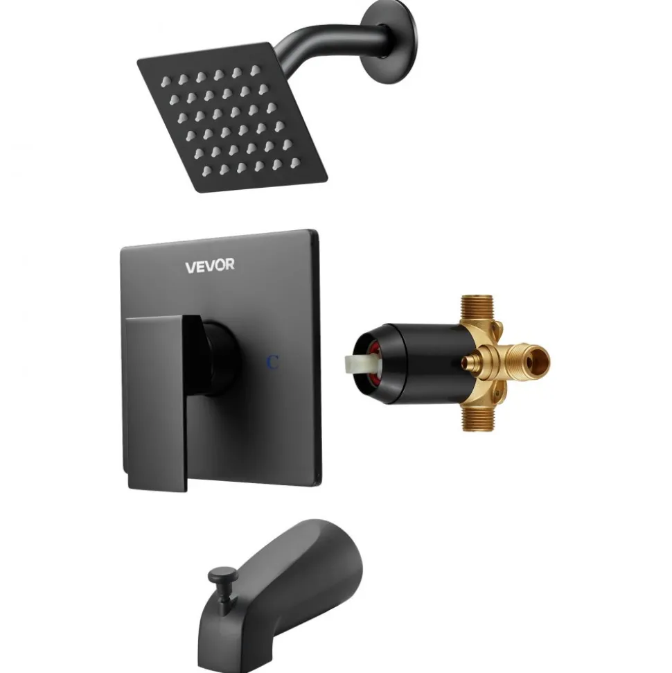 VEVOR Tub and Shower Faucet Set, Complete with 4-Inch Rainfall Shower Head and Bathtub Spout, Single-Spray Single-Handle Tub Trim Kit with 304 Stainless Steel Valve Trim for Bathrooms, Matte Black