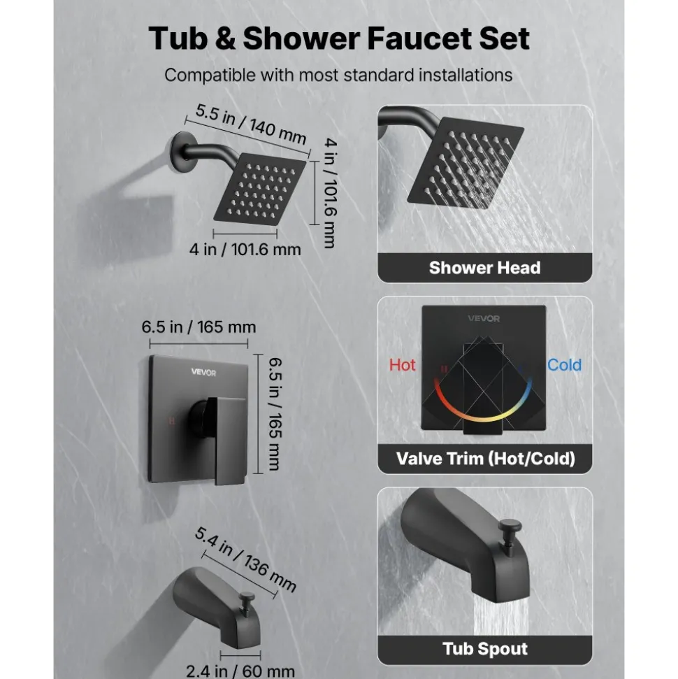 VEVOR Tub and Shower Faucet Set, Complete with 4-Inch Rainfall Shower Head and Bathtub Spout, Single-Spray Single-Handle Tub Trim Kit with 304 Stainless Steel Valve Trim for Bathrooms, Matte Black