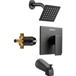 VEVOR Tub and Shower Faucet Set, Complete with 4-Inch Rainfall Shower Head and Bathtub Spout, Single-Spray Single-Handle Tub Trim Kit with 304 Stainless Steel Valve Trim for Bathrooms, Matte Black