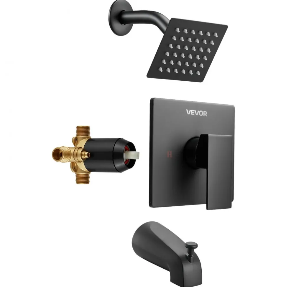 VEVOR Tub and Shower Faucet Set, Complete with 4-Inch Rainfall Shower Head and Bathtub Spout, Single-Spray Single-Handle Tub Trim Kit with 304 Stainless Steel Valve Trim for Bathrooms, Matte Black