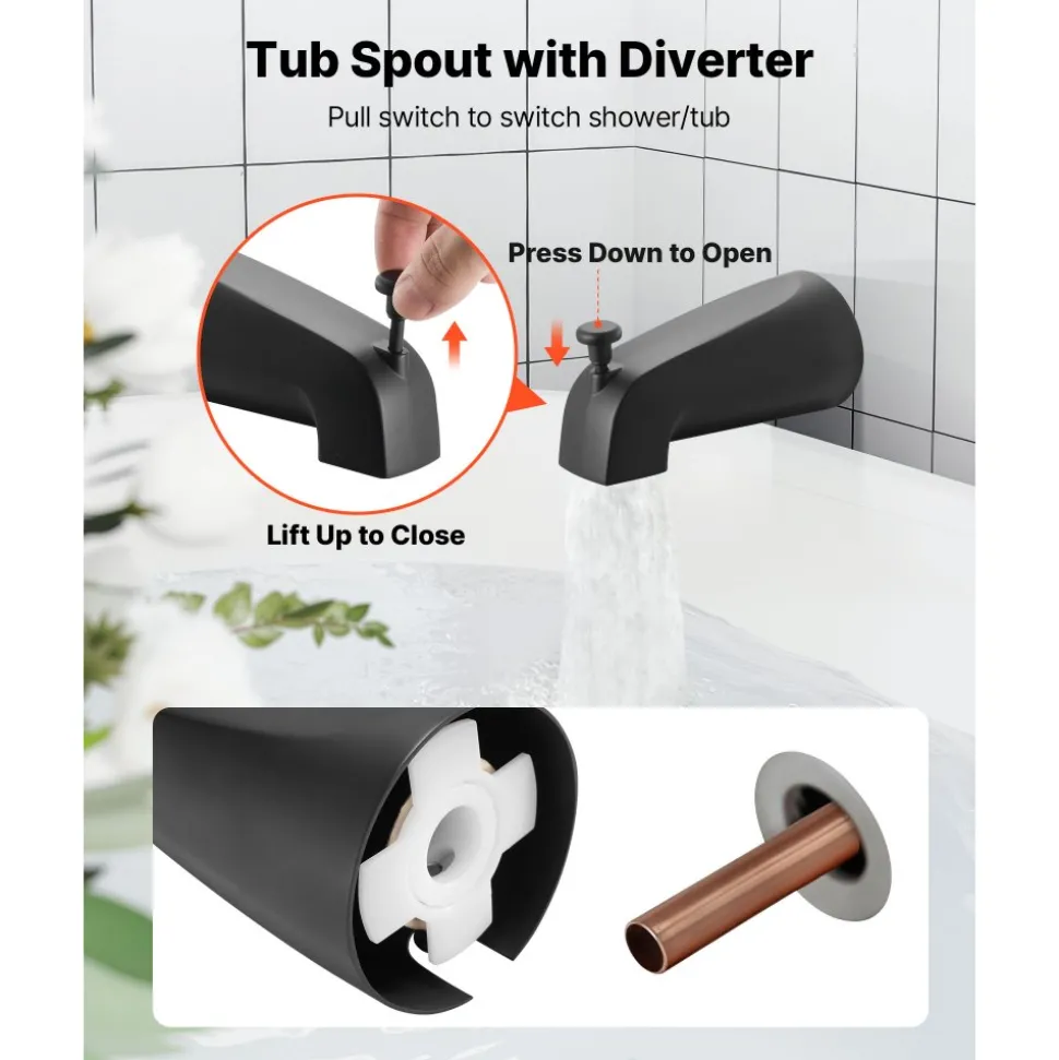 VEVOR Tub and Shower Faucet Set, Complete with 4-Inch Rainfall Shower Head and Bathtub Spout, Single-Spray Single-Handle Tub Trim Kit with 304 Stainless Steel Valve Trim for Bathrooms, Matte Black