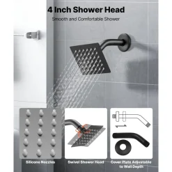 VEVOR Tub and Shower Faucet Set, Complete with 4-Inch Rainfall Shower Head and Bathtub Spout, Single-Spray Single-Handle Tub Trim Kit with 304 Stainless Steel Valve Trim for Bathrooms, Matte Black