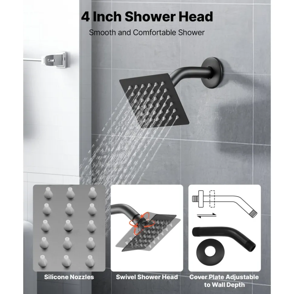 VEVOR Tub and Shower Faucet Set, Complete with 4-Inch Rainfall Shower Head and Bathtub Spout, Single-Spray Single-Handle Tub Trim Kit with 304 Stainless Steel Valve Trim for Bathrooms, Matte Black